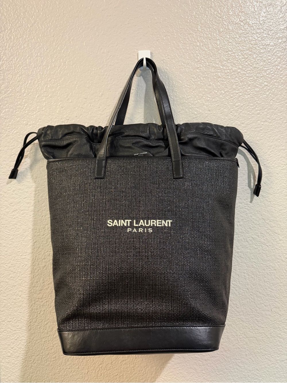 Saint Laurent Paris Black Canvas & Leather Drawstring Tote Bag